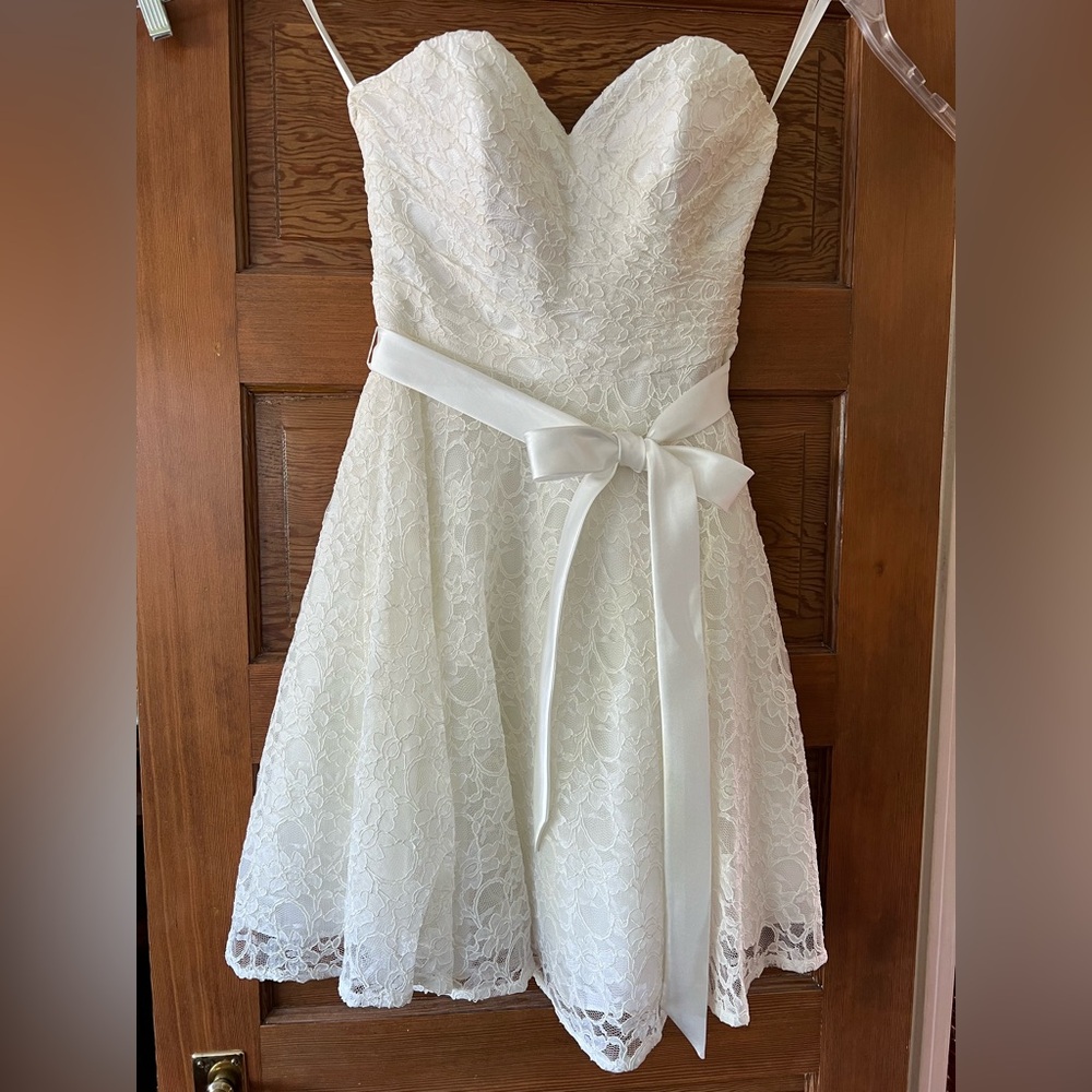 Mori Lee Strapless White Lace A-Line Dress with Sash